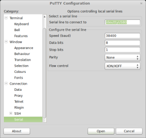 PuTTY serial connection settings