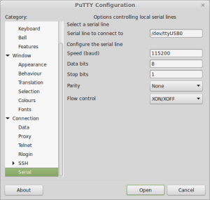 PuTTY serial connection settings.